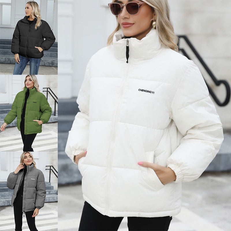 Woman wearing a white puffer jacket with 'CHENDONG' branding, surrounded by other color options.